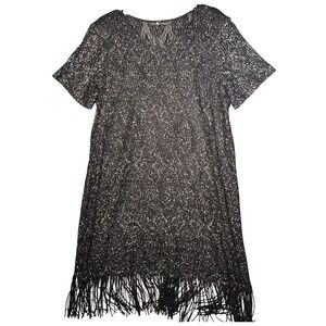 SHARADE NITES Women's Black Silver Glitter Fringe Knit Shift‎ Dress Size M L